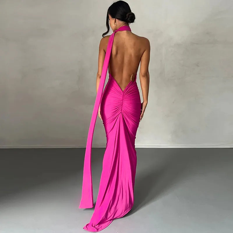 Oblique Shoulder Backless Maxi Dress Back Strap Sleeveless Long Dress