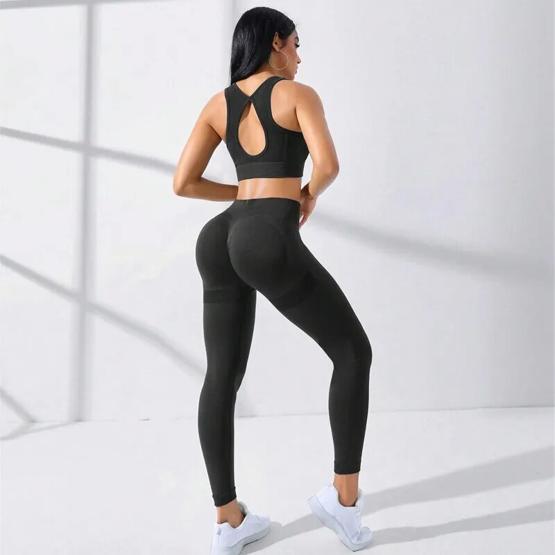 2pcs Seamless High Stretch Yoga Set Cross Back Tummy Control Leggings