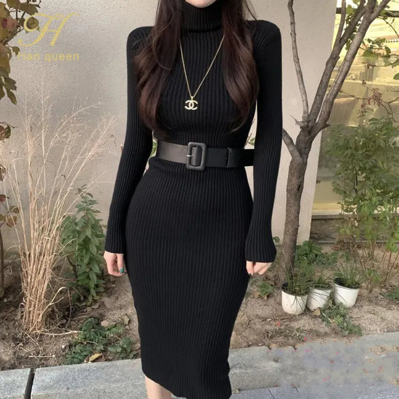 Knitted Bodycon Soft Elastic Turtleneck Dress With Belt