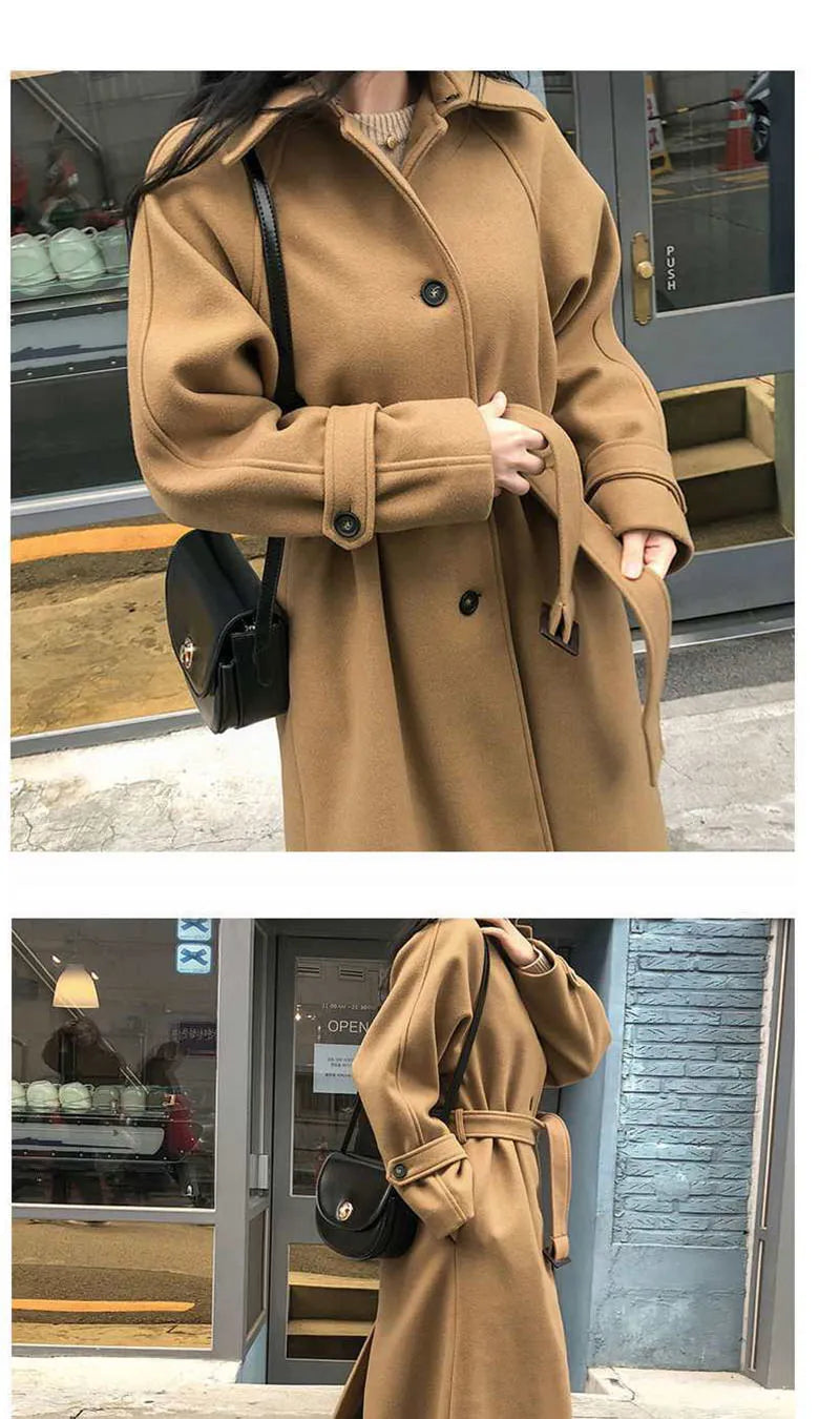 Faux Wool Elegant with Belt Thick Long Coat