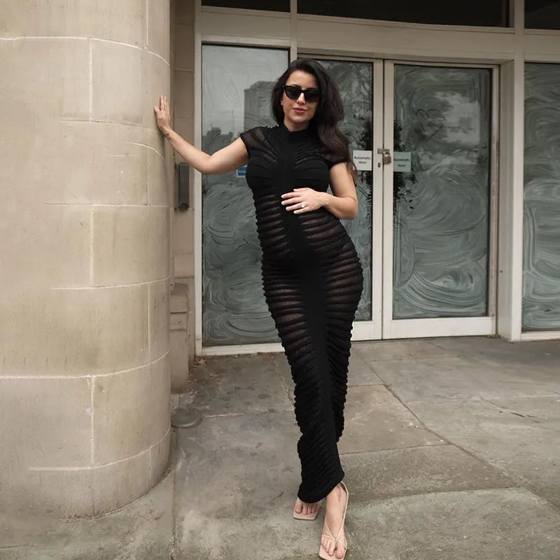 See Through Knit Dress Elegant Striped Solid Skinny Elastic Maxi Dress