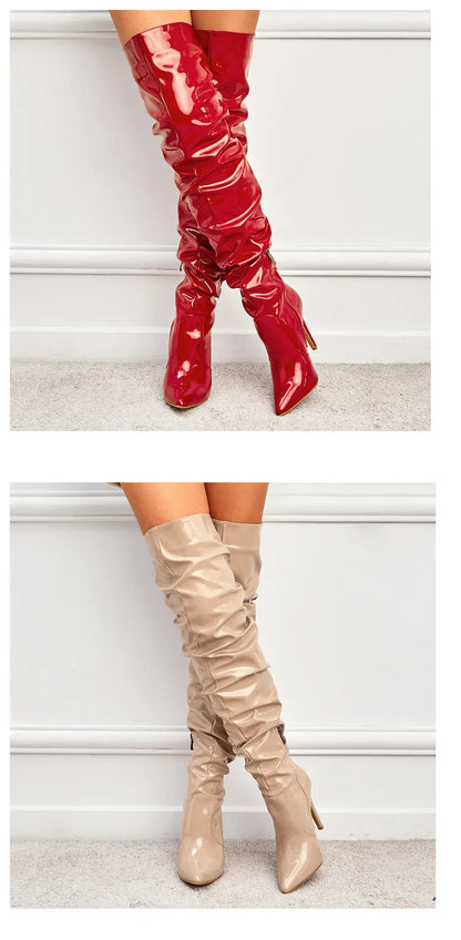 High Thigh Leather Pointy Toe Zipper Boots