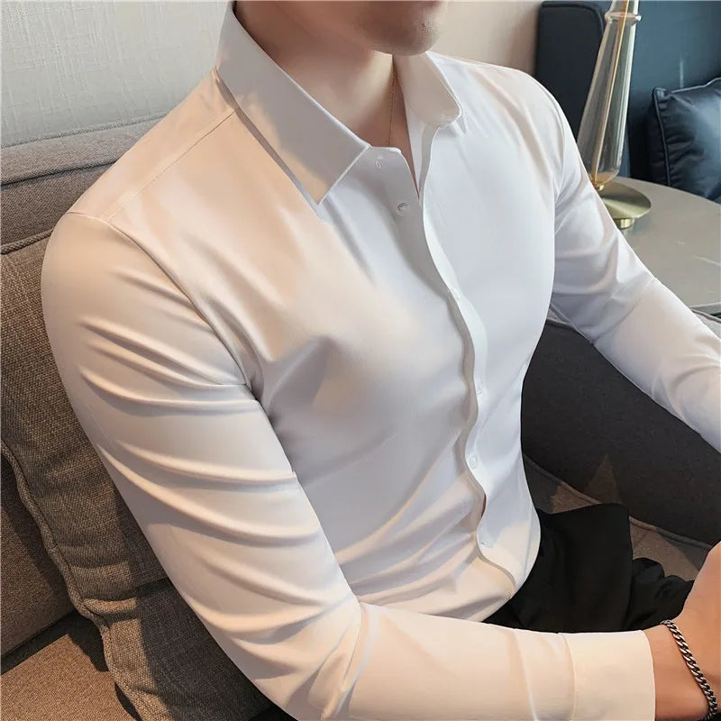 Stretchy High Elasticity Men Shirts Long Sleeve Slim Fit Casual