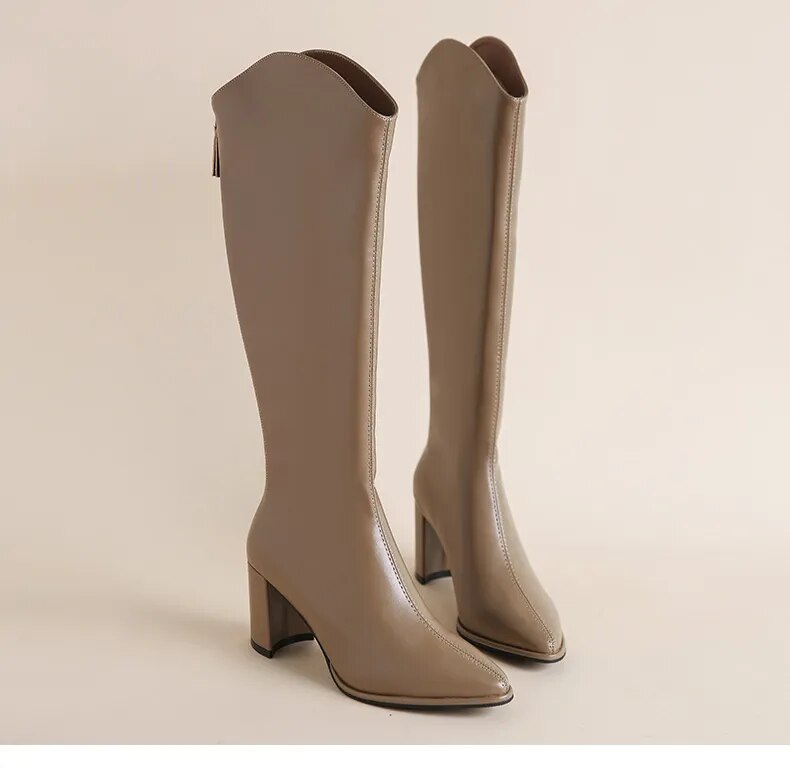 Classic Women Winter Zipper Thick High Heels Simple Design Boots