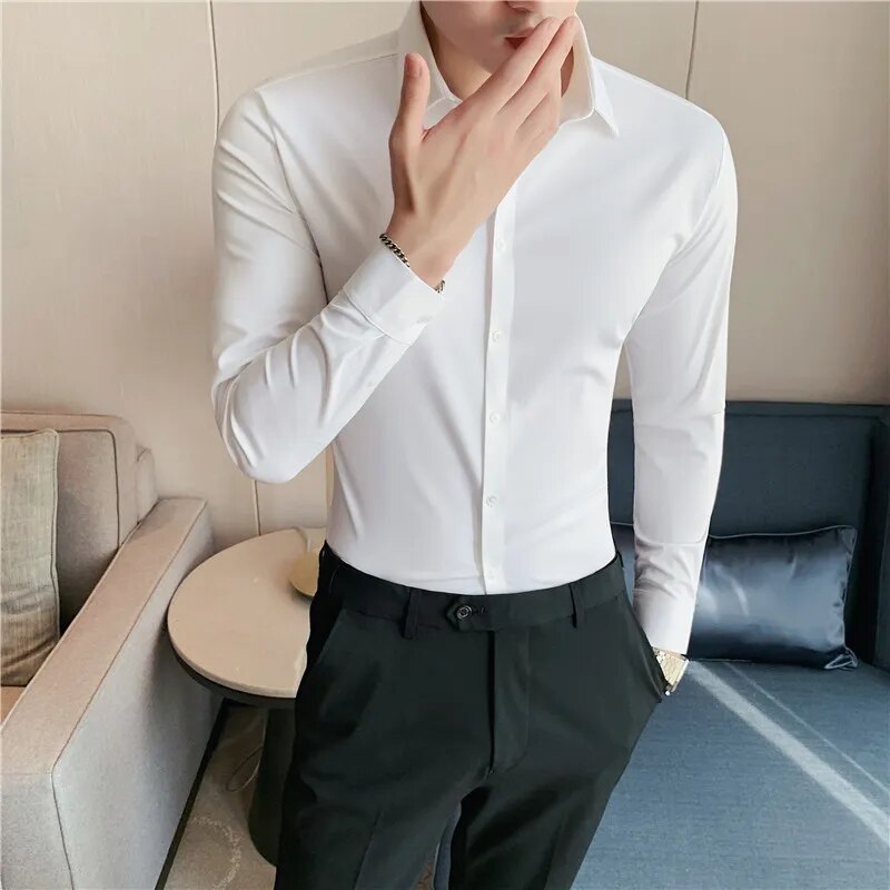 Stretchy High Elasticity Men Shirts Long Sleeve Slim Fit Casual