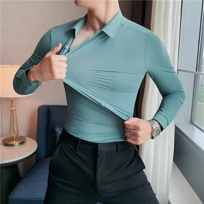 Stretchy High Elasticity Men Shirts Long Sleeve Slim Fit Casual