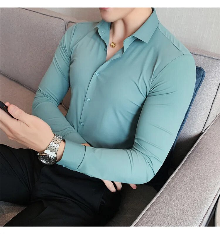 Stretchy High Elasticity Men Shirts Long Sleeve Slim Fit Casual