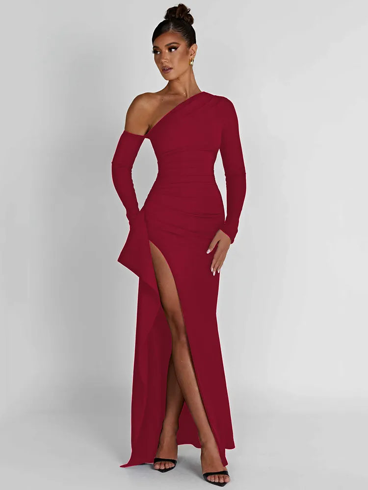 Oblique Shoulder Thigh Split Maxi Dress Long Sleeve Backless Bodycon Long