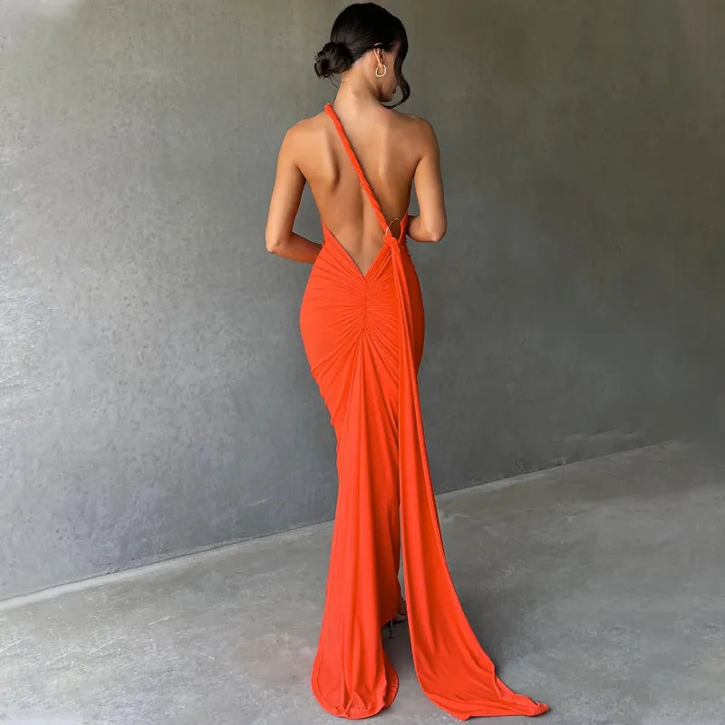 Oblique Shoulder Backless Maxi Dress Back Strap Sleeveless Long Dress