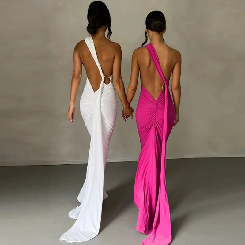 Oblique Shoulder Backless Maxi Dress Back Strap Sleeveless Long Dress