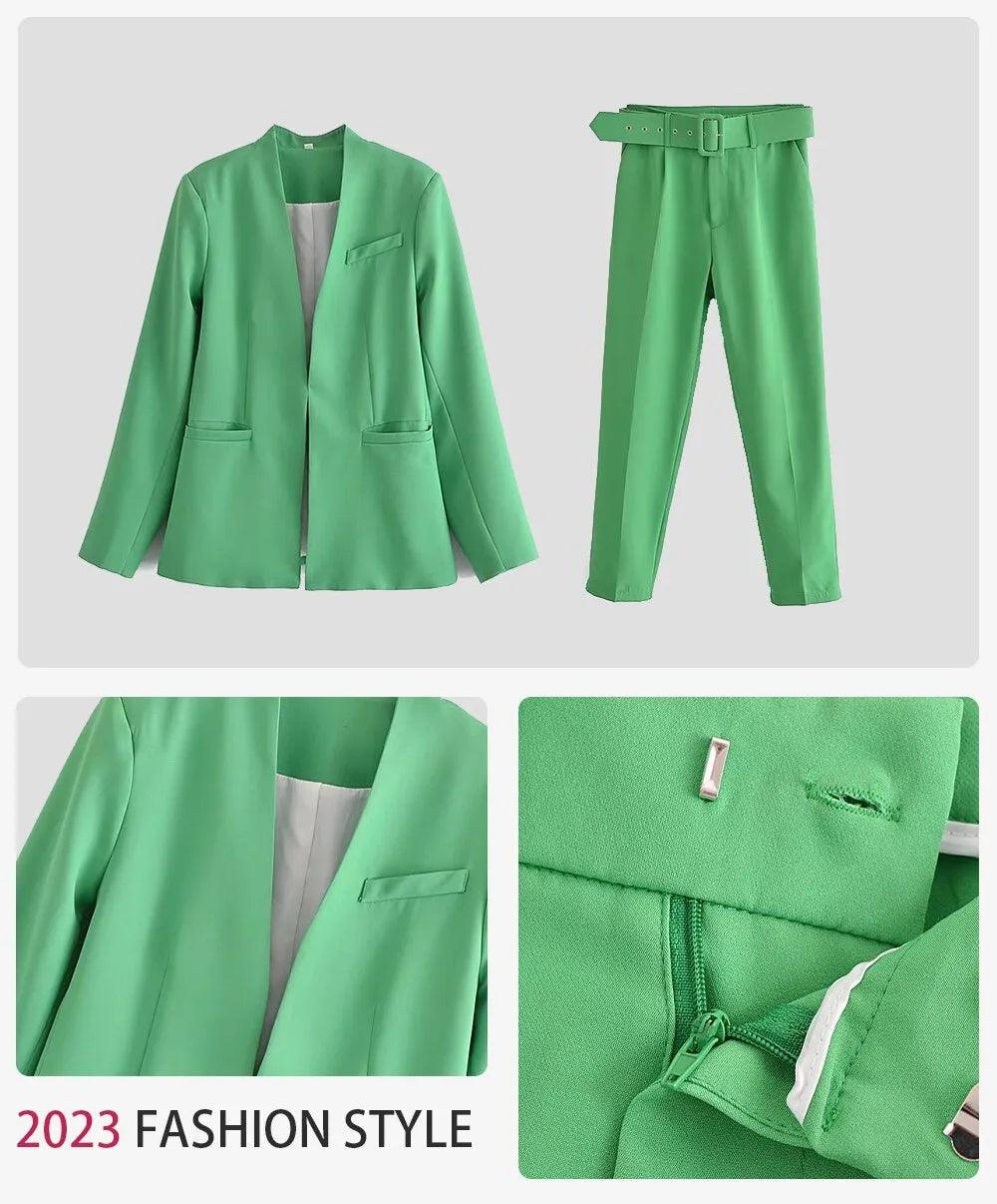 Two Pieces Set Office Wear Blazers Coat With Belt High Waist