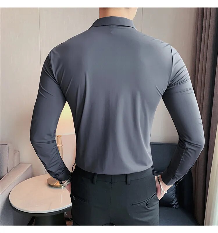 Stretchy High Elasticity Men Shirts Long Sleeve Slim Fit Casual