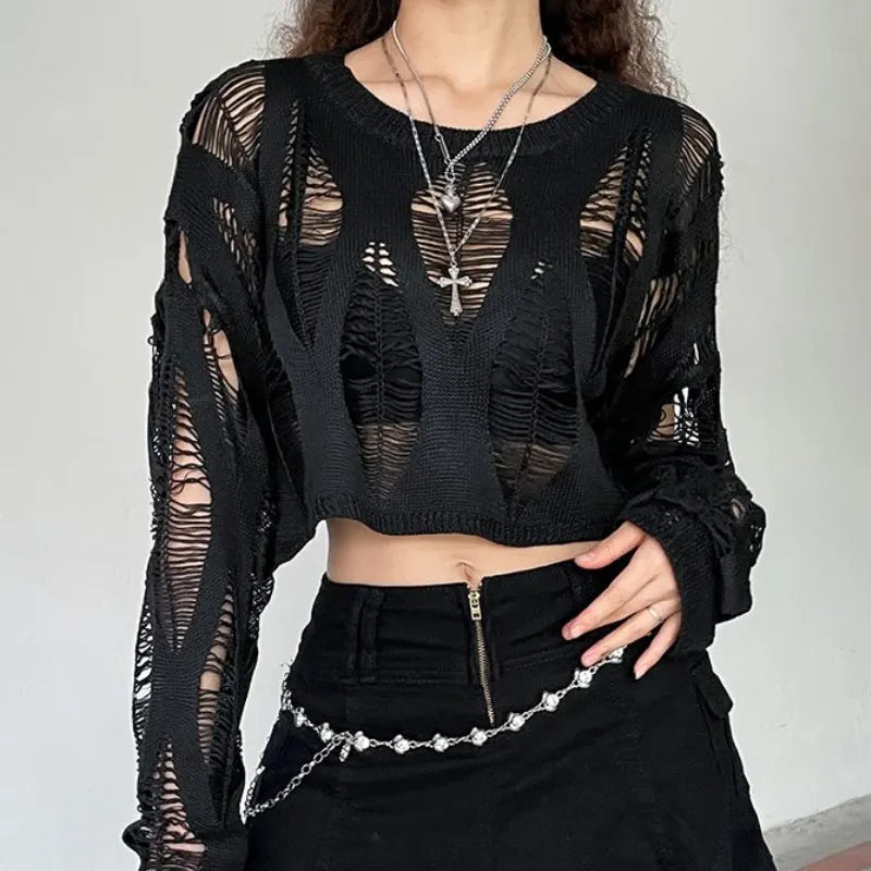 Hollow Net Pullovers Black Loose Top