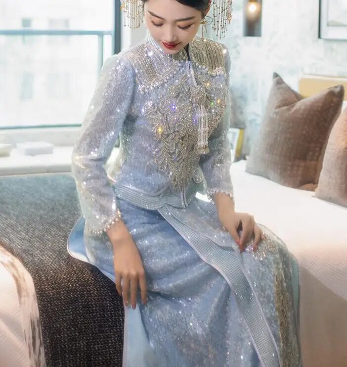 Delicate Blue Phoenix Cheongsam Embroidery Vintage Dress