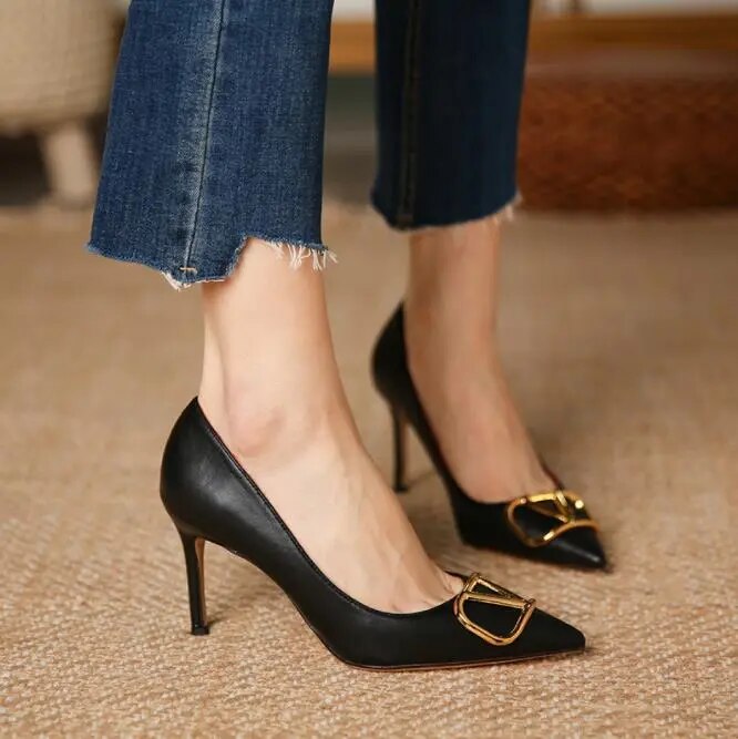 6cm Heels Heart Front Button Ankle Strap Pointy Toe