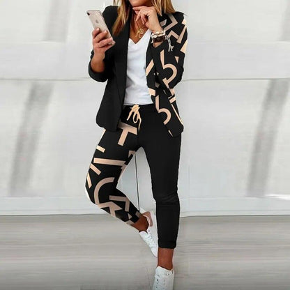 Elegant Office Women Blazers Pants Outfit Print Long Sleeve 2 pcs