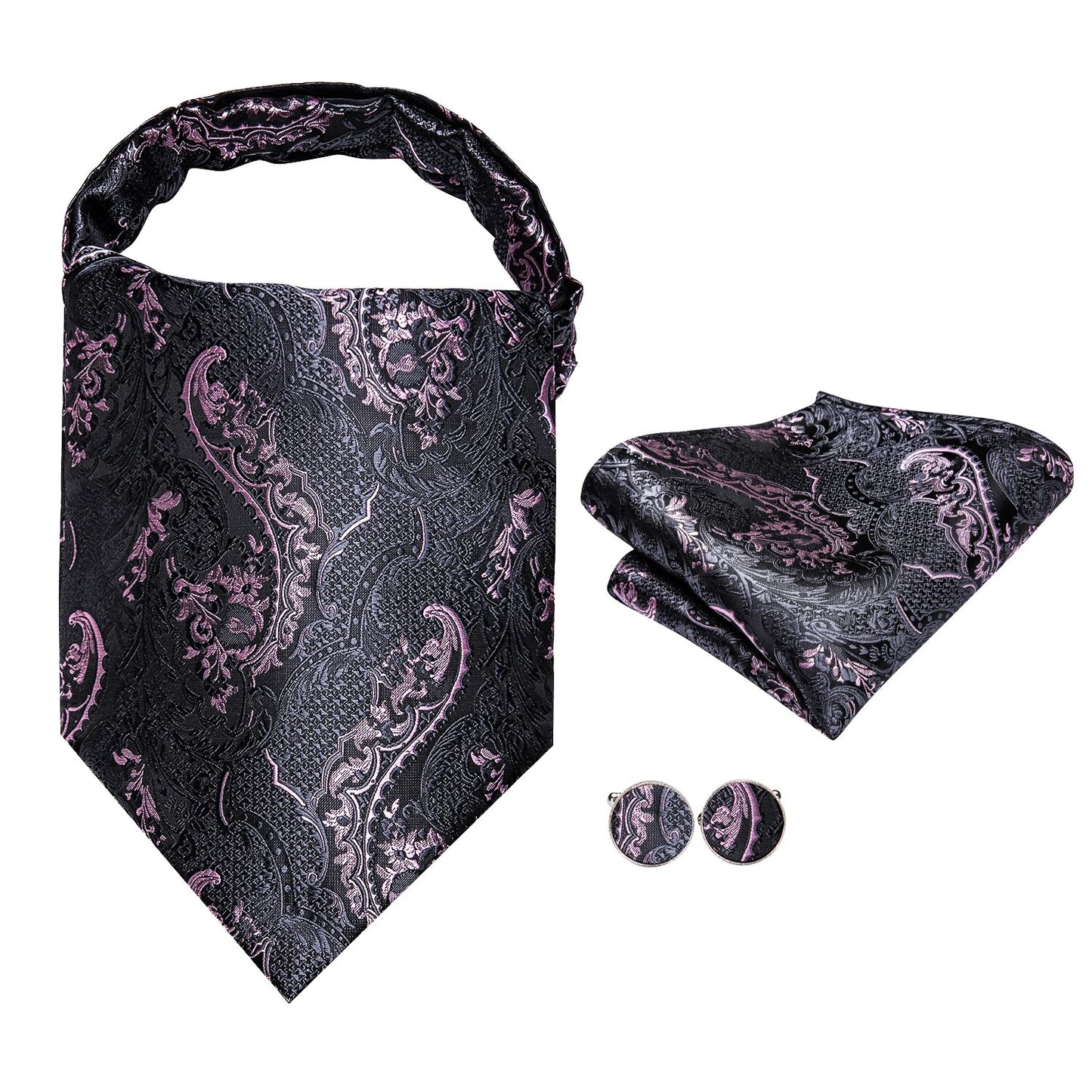 Hi-Tie Silk Mens Ascots Hanky Cufflinks Set Jacquard Paisley Floral Cravat