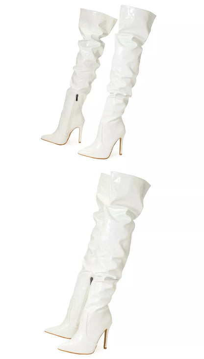 High Thigh Leather Pointy Toe Zipper Boots