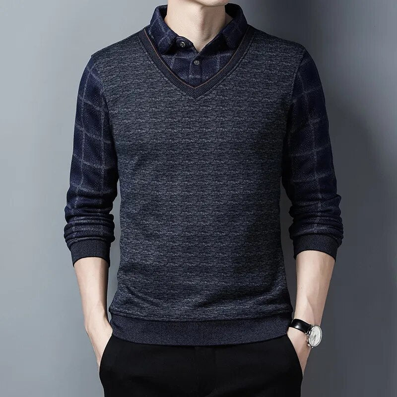 Men's Fleece Mixed Patterns Thick Knitted Sweater