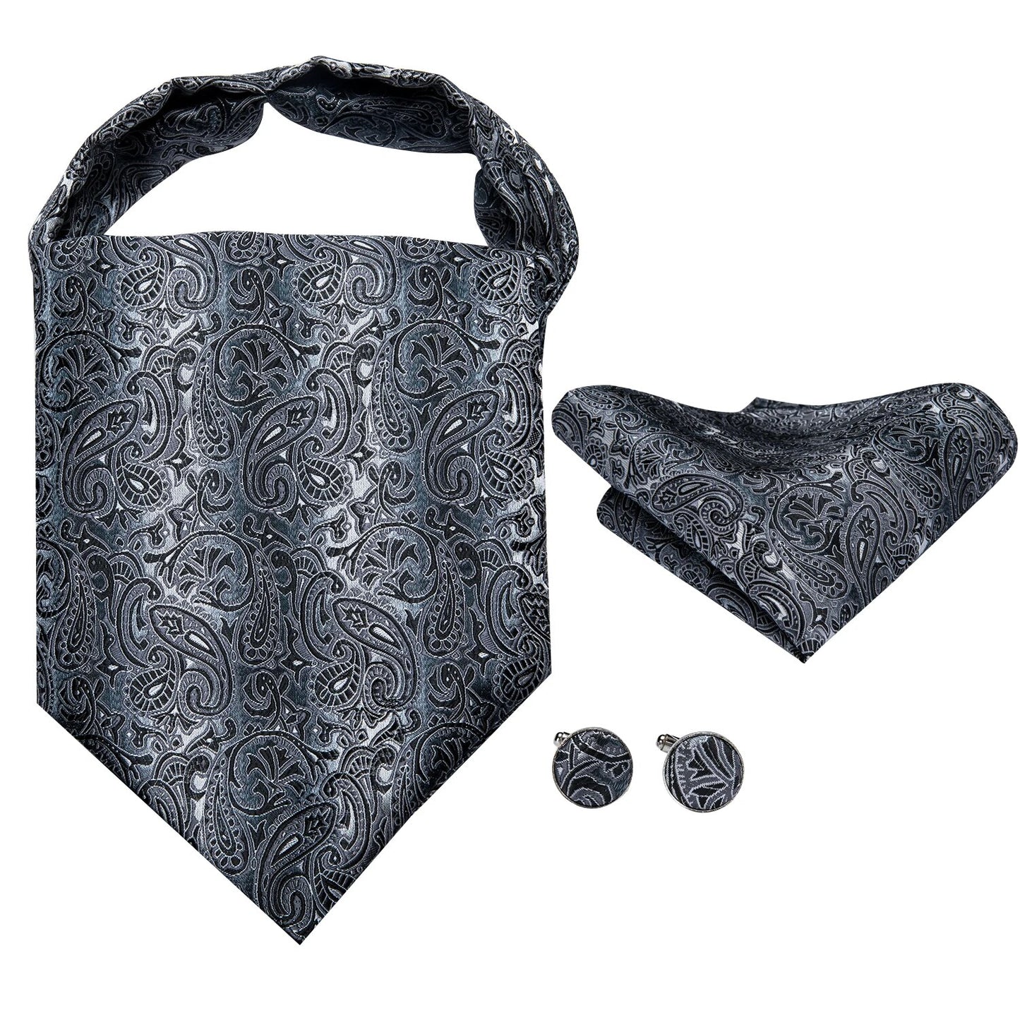 Hi-Tie Silk Mens Ascots Hanky Cufflinks Set Jacquard Paisley Floral Cravat