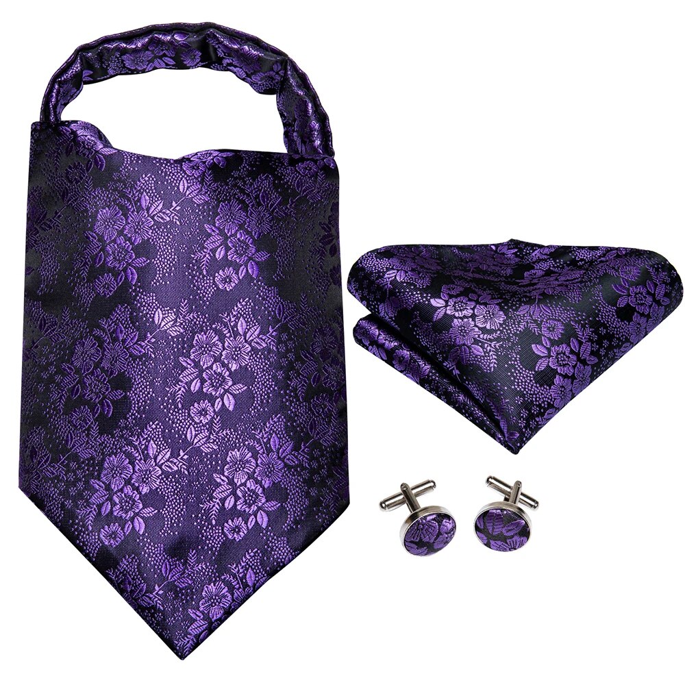 Hi-Tie Silk Mens Ascots Hanky Cufflinks Set Jacquard Paisley Floral Cravat