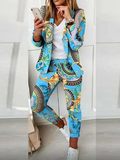 Elegant Office Women Blazers Pants Outfit Print Long Sleeve 2 pcs