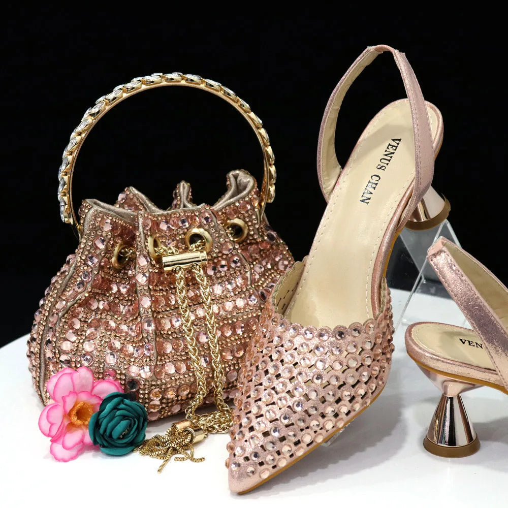 Pointed Toe Elegant Full Diamond Shoes and Bags Matching Set