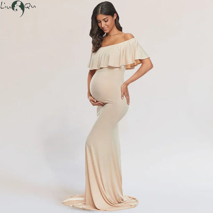 Maternity Elegant Slim Off Shoulder Long Dresses