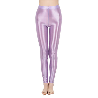 Solid Glossy Pilates Yoga Fitness Wide Elastic Waistband Leggings Stretchy Pants