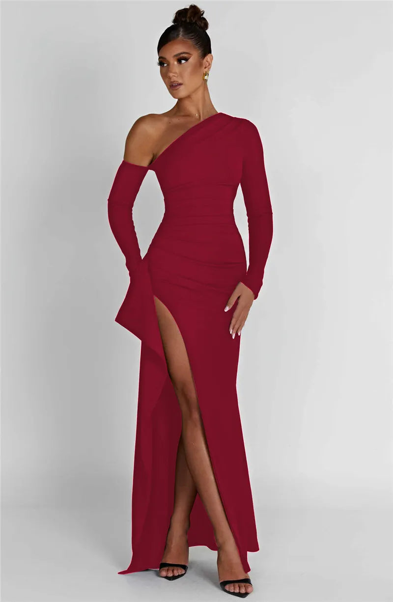 Oblique Shoulder Thigh Split Maxi Dress Long Sleeve Backless Bodycon Long