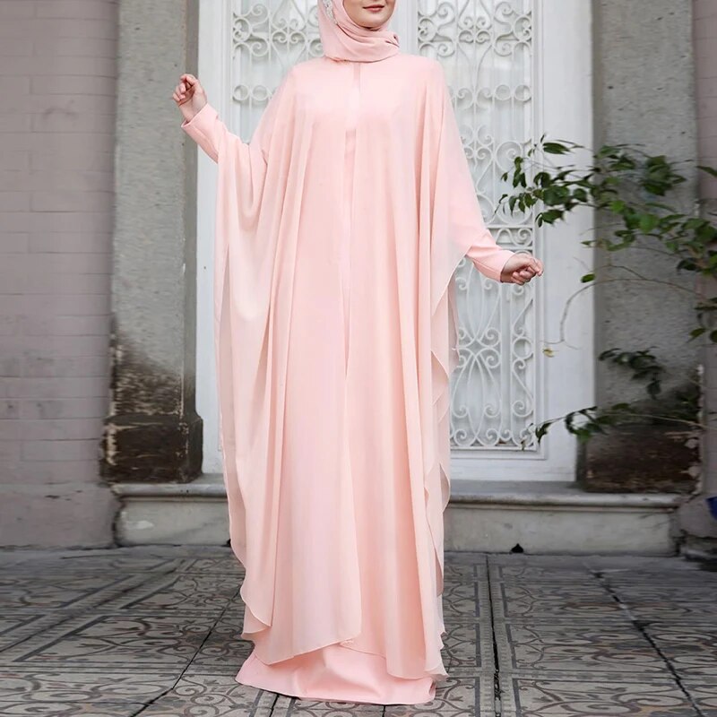 Long Abaya and Hijab 2pcs Long Sleeve Kaftan Dress