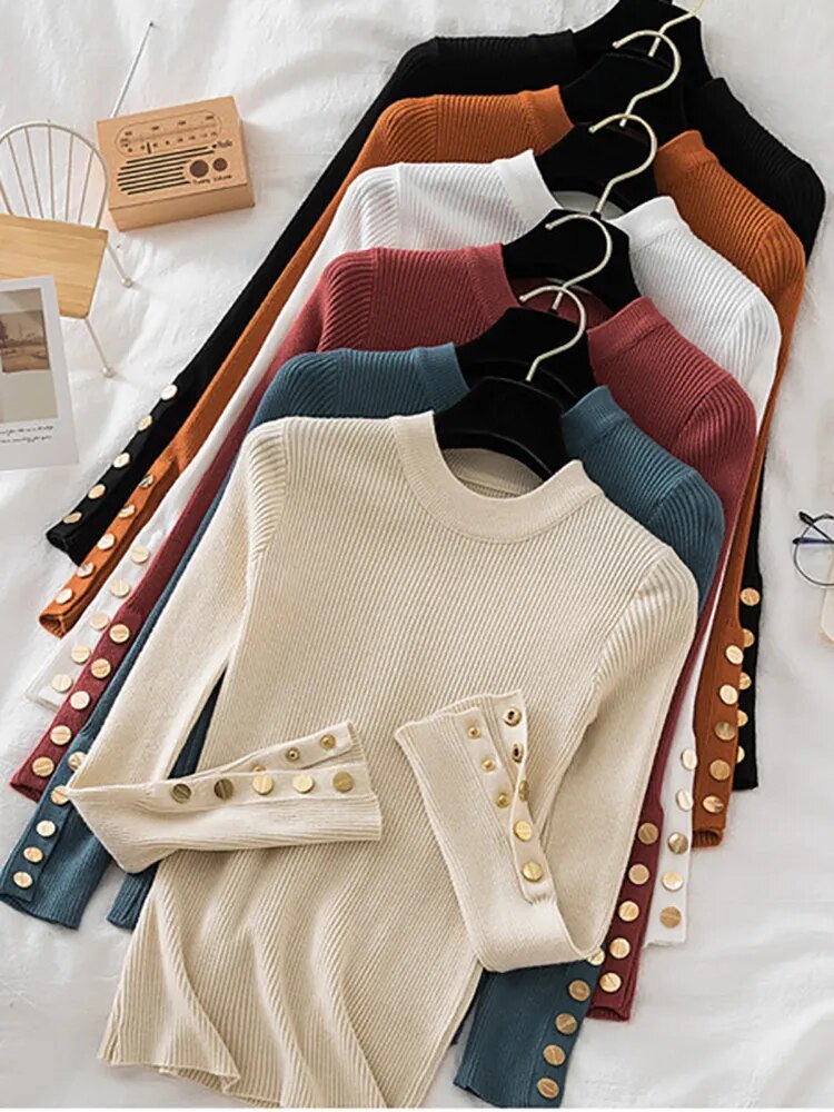 Thick pullovers casual button sleeves o-neck chic soft sweater