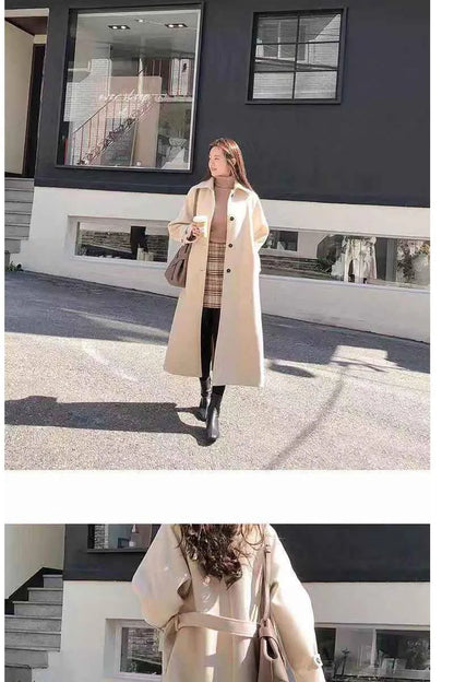 Faux Wool Elegant with Belt Thick Long Coat