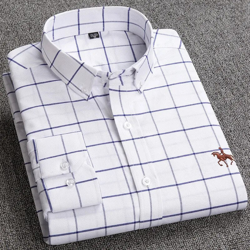 Cotton Oxford Shirts Men Long Sleeve Horse Casual No Pocket Solid