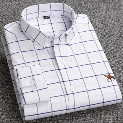 Cotton Oxford Shirts Men Long Sleeve Horse Casual No Pocket Solid