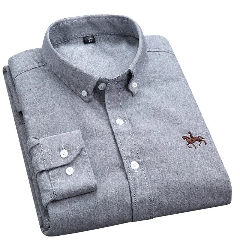 Cotton Oxford Shirts Men Long Sleeve Horse Casual No Pocket Solid