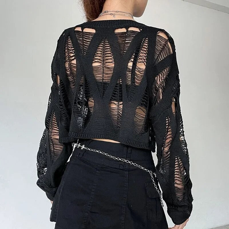 Hollow Net Pullovers Black Loose Top