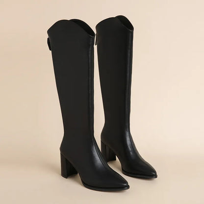 Classic Women Winter Zipper Thick High Heels Simple Design Boots