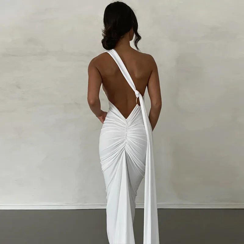 Oblique Shoulder Backless Maxi Dress Back Strap Sleeveless Long Dress