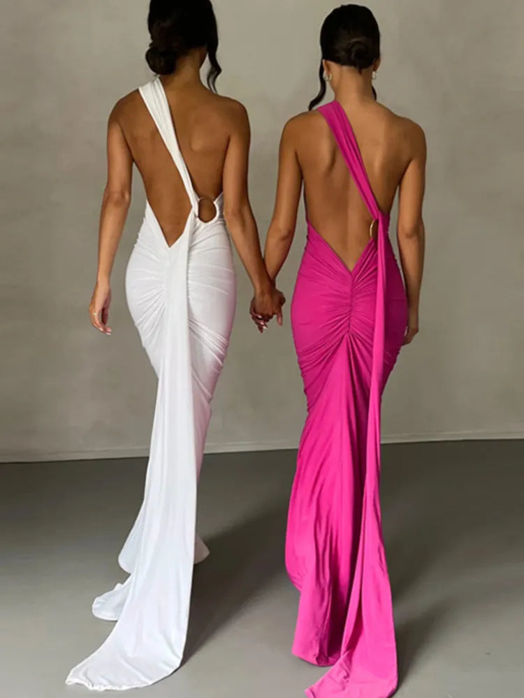 Oblique Shoulder Backless Maxi Dress Back Strap Sleeveless Long Dress