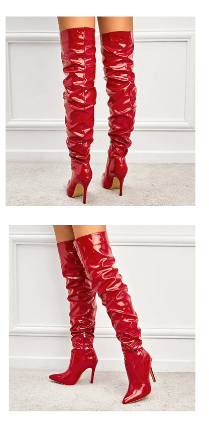 High Thigh Leather Pointy Toe Zipper Boots