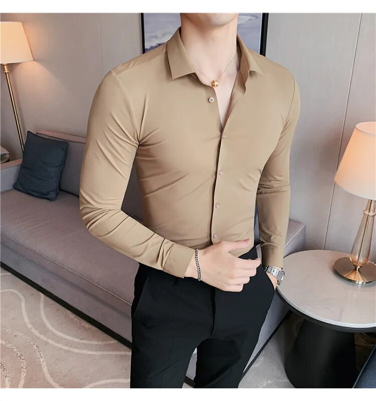 Stretchy High Elasticity Men Shirts Long Sleeve Slim Fit Casual