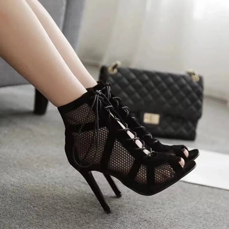 High Heels Mesh Cross-tied Peep Toe Ankle Strap Shoes 7cm &