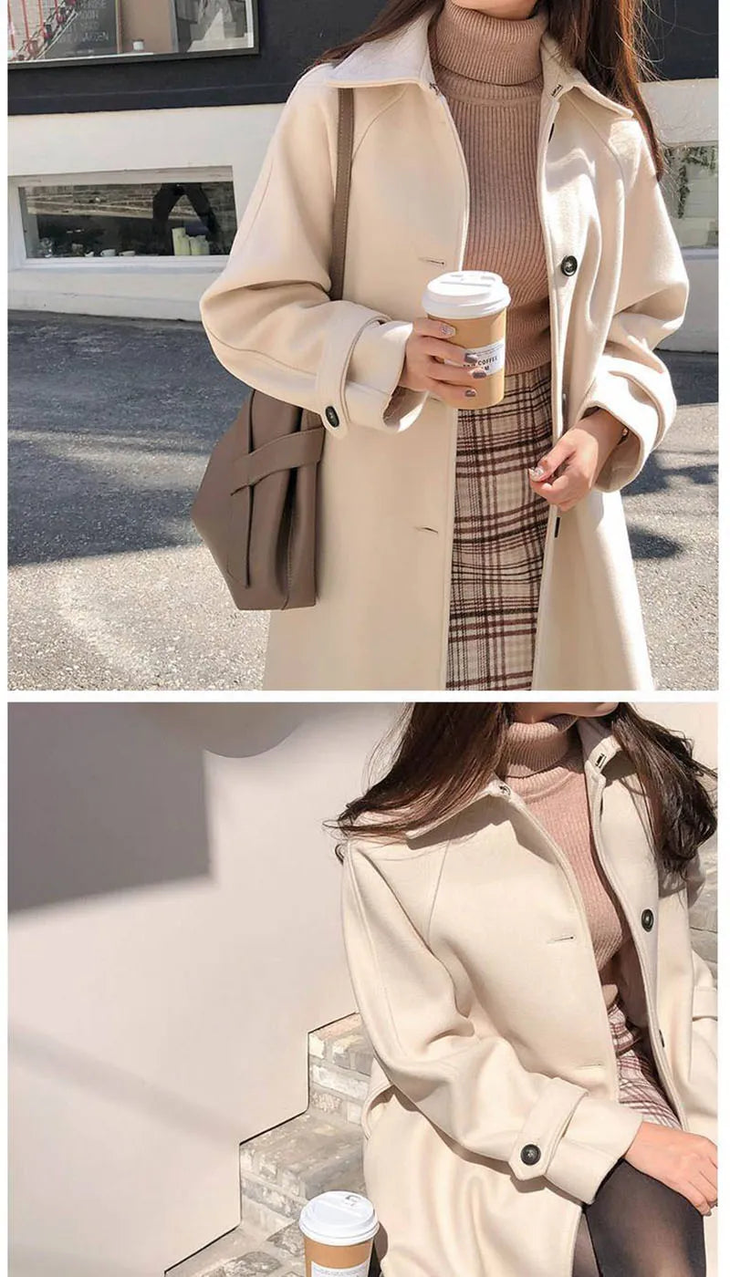 Faux Wool Elegant with Belt Thick Long Coat