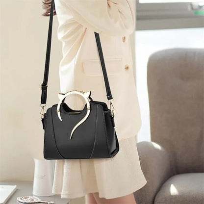 Cute Cat Elegant PU Leather Handbag With Handle and Shoulder Strap