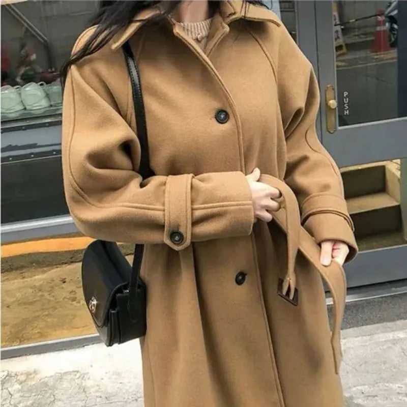 Faux Wool Elegant with Belt Thick Long Coat