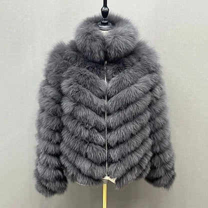 Fox Fur Coat for Women Cardigan Reversible Jacket Bubble Natural Fur