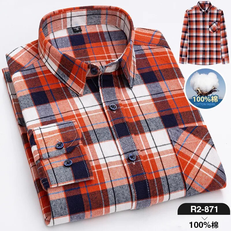 Pure Cotton Men's Plaid Long Sleeve Regular Fit Casual Plus Size