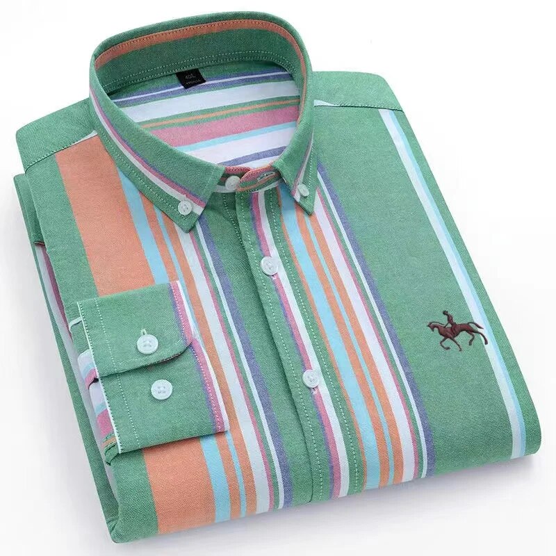 Cotton Oxford Shirts Men Long Sleeve Horse Casual No Pocket Solid