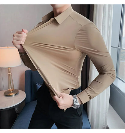 Stretchy High Elasticity Men Shirts Long Sleeve Slim Fit Casual